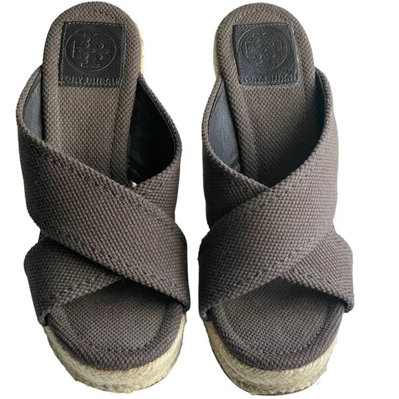 Tory Burch Chocolate Brown Crossover Kristen Espadrille Wedges/Gold Emblem sz 7 - Picture 2 of 8